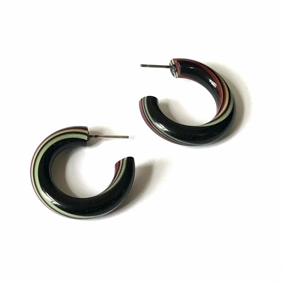Black Stripe Vintage Lucite Tube Hoop Earrings - Picture 6 of 8